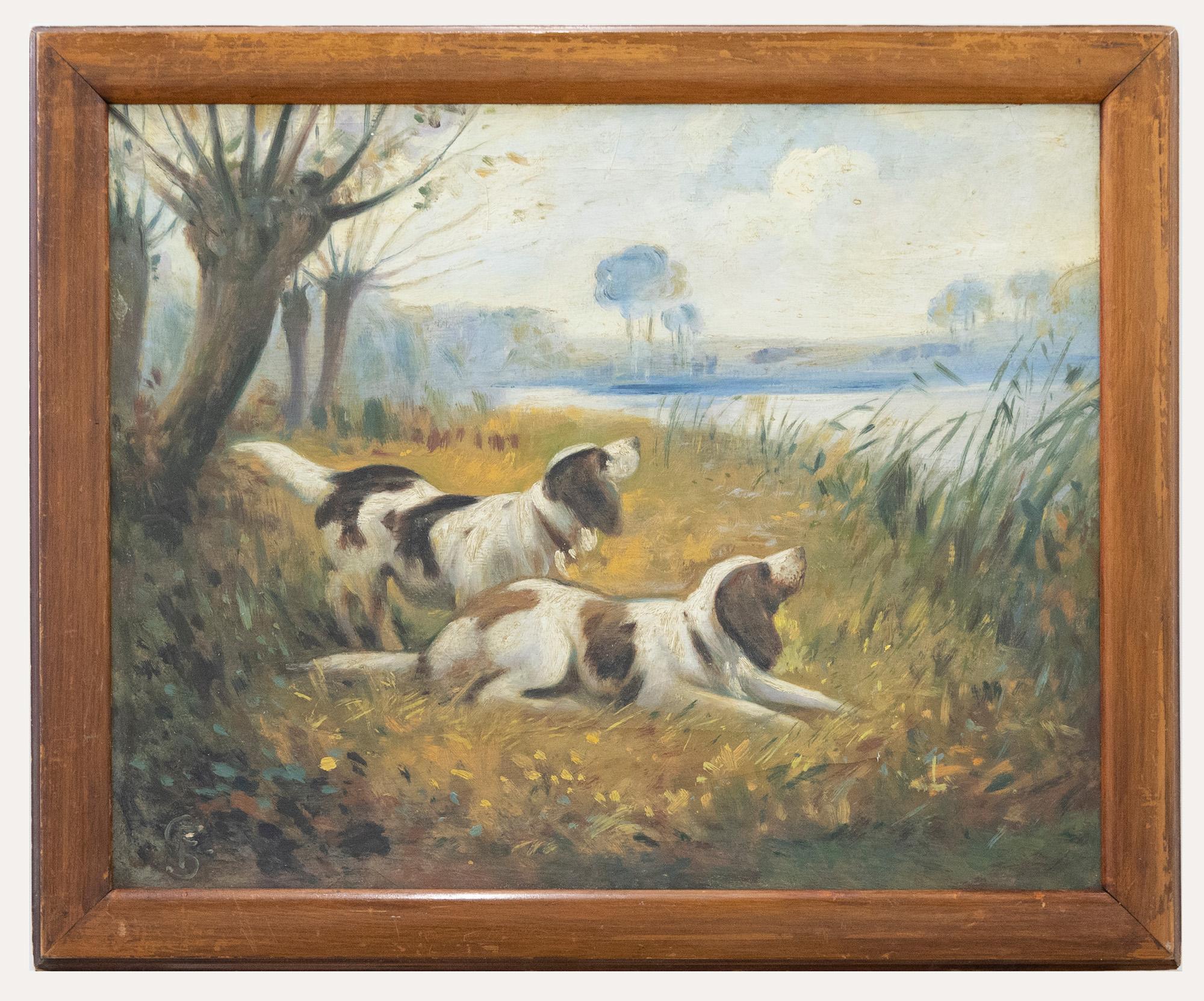 Unknown Animal Painting - Framed Early 20th Century Oil - Springer Spaniels in a Landscape