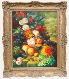 Olio dei primi del Novecento incorniciato - Natura morta su un cornicione di pietra