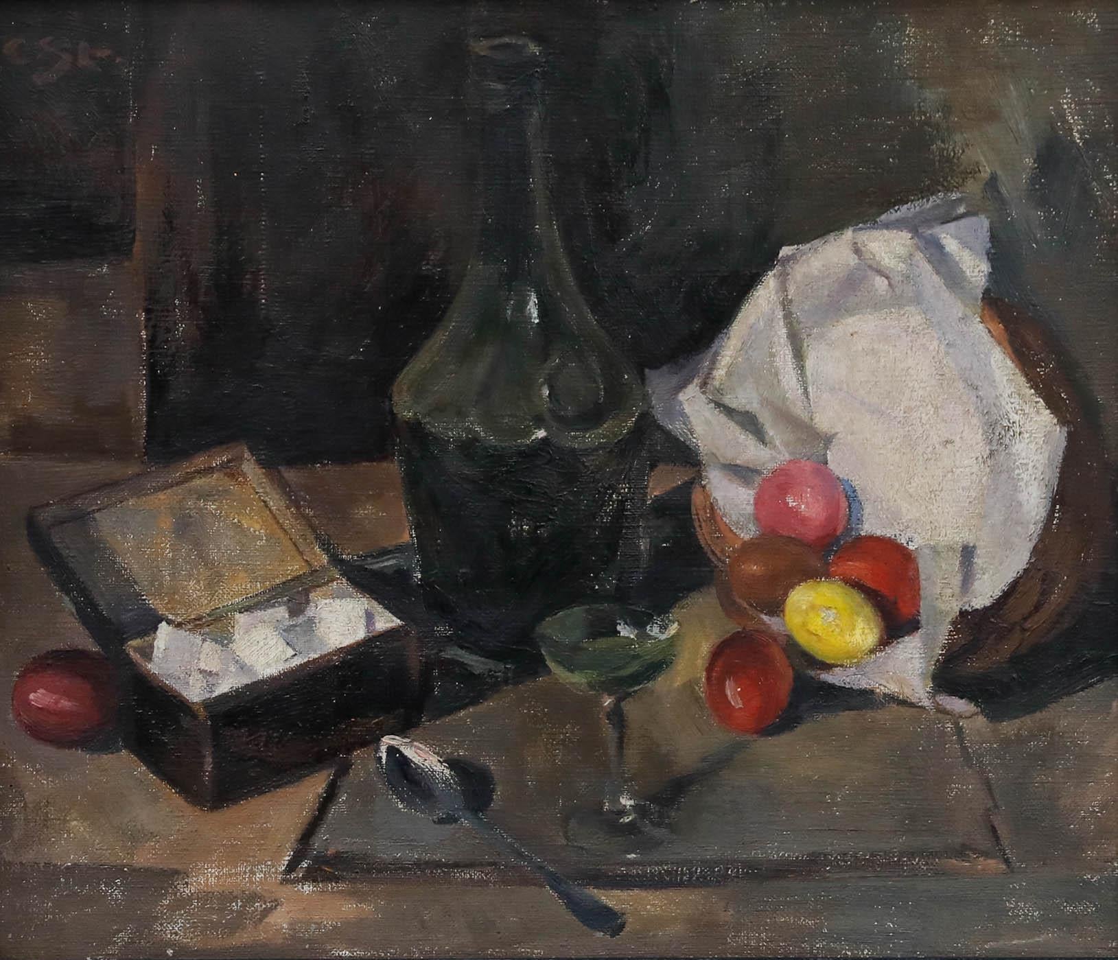 Huile encadrée du début du 20e siècle - Nature morte au sucrier et aux œufs de Pâques - Painting de Unknown