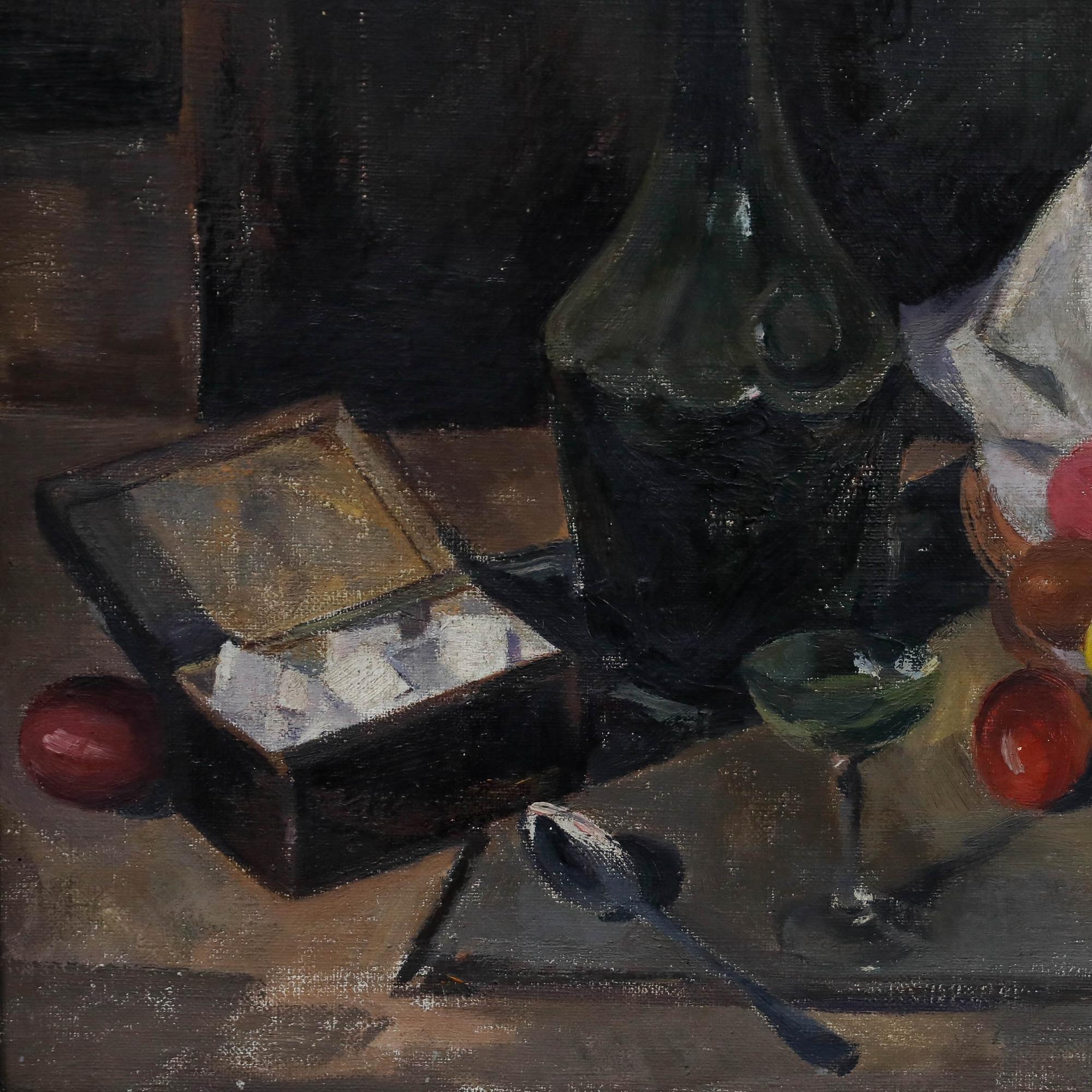 Cette captivante nature morte représente une collection de délices sucrés, notamment des œufs de Pâques enrobés de sucre et des morceaux de sucre, dans une palette sobre ponctuée de petits éclats de couleur. Le tableau est magnifiquement présenté