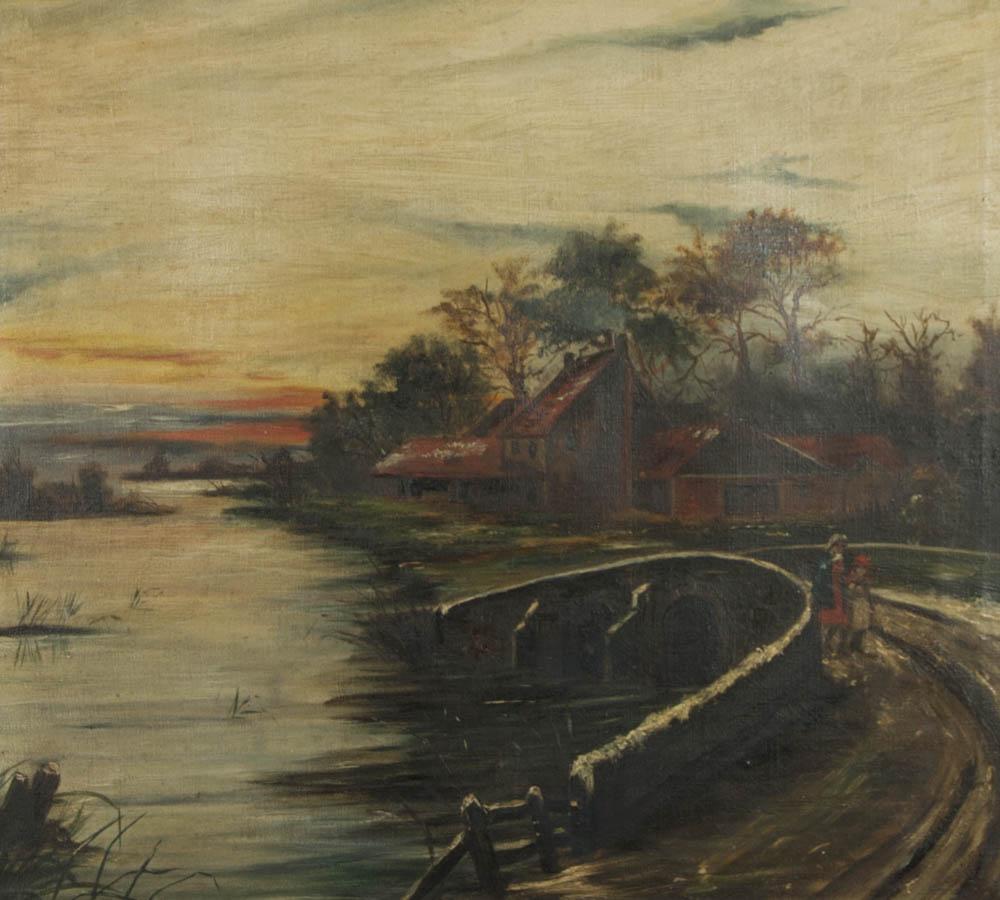 Framed Early 20th Century Oil - Sunset over the Bridge - Painting by Unknown