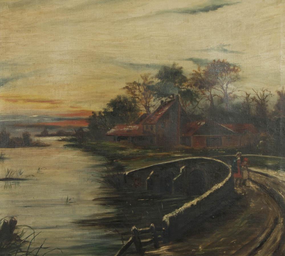 Olio dei primi del Novecento incorniciato - Tramonto sul ponte - Landscape Painting Marrone di Unknown