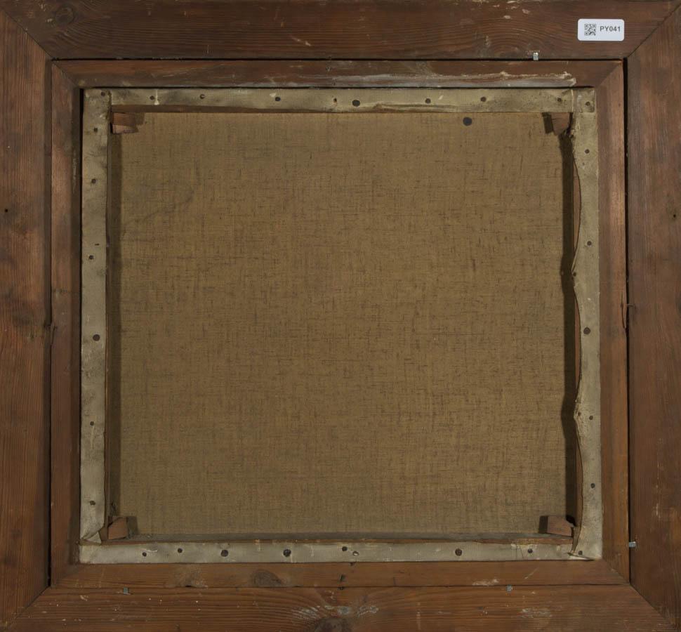 Due figure attraversano un ponte di campagna nel bel mezzo di un frizzante tramonto.

L'opera d'arte è ben presentata in una cornice in legno dorato sagomato con un rivestimento in legno dall'effetto metallico.

Senza segno. Su tela su barelle.