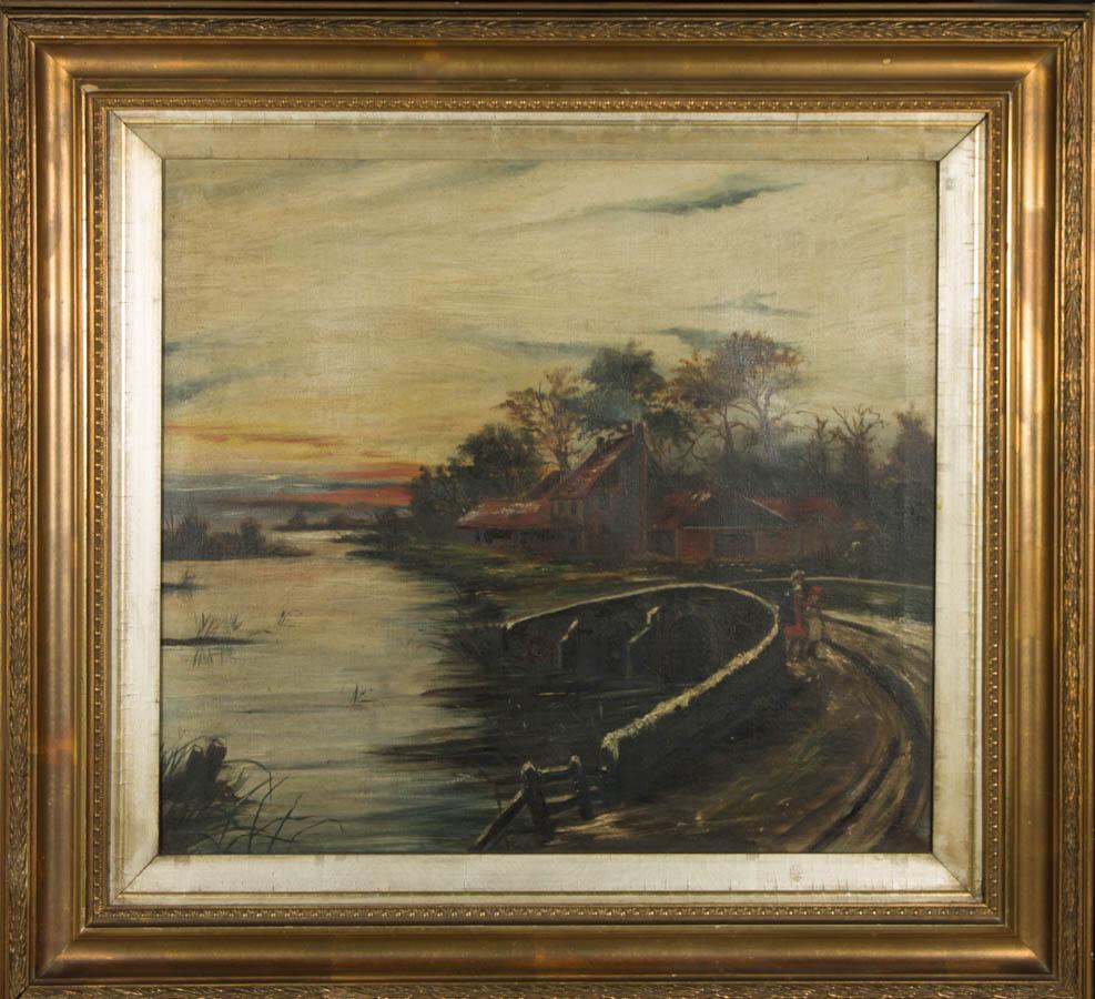 Landscape Painting di Unknown - Olio dei primi del Novecento incorniciato - Tramonto sul ponte