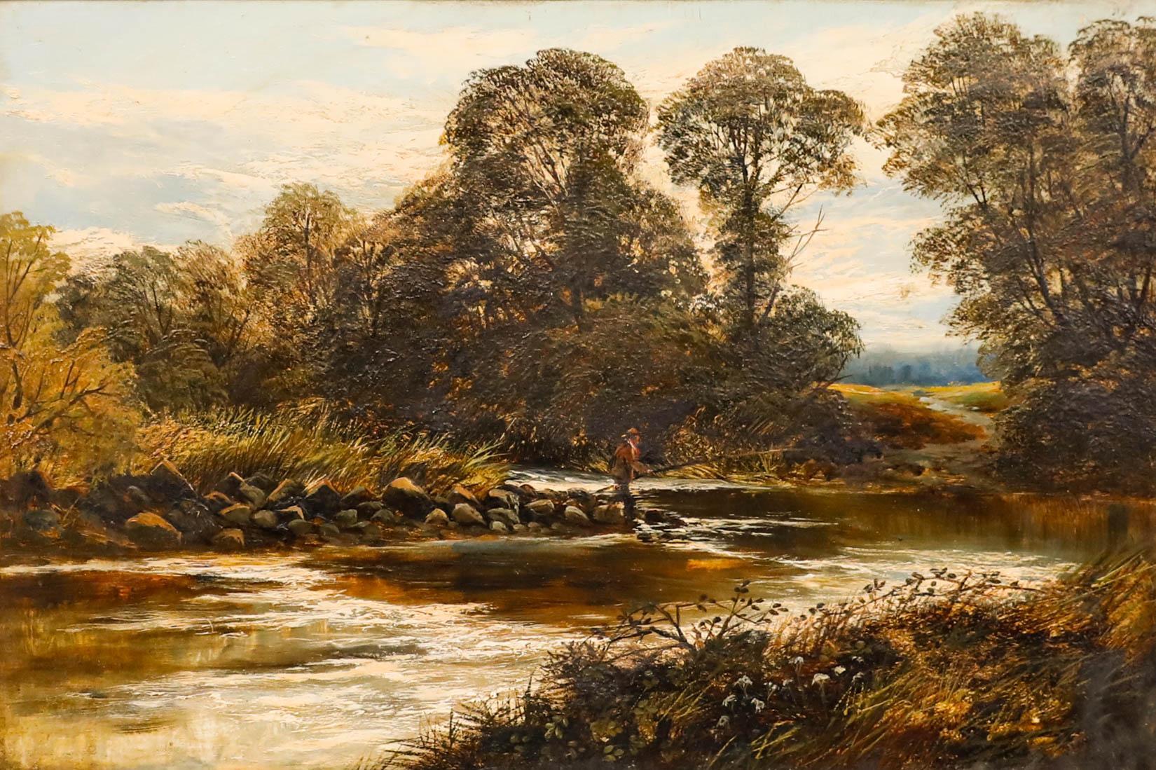 Gerahmtes Öl aus dem frühen 20. Jahrhundert - Der einsame Angler – Painting von Unknown