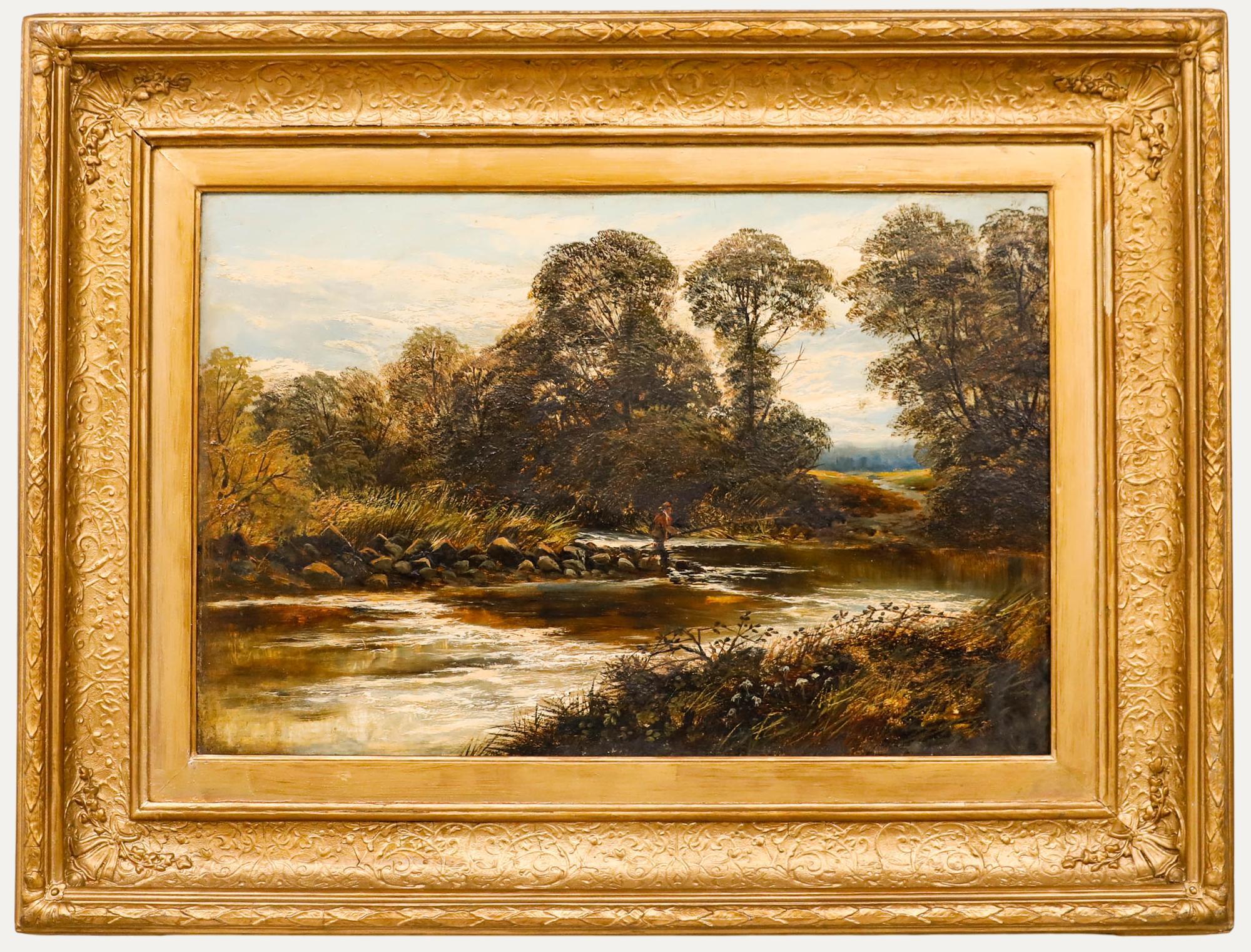 Gerahmtes Öl aus dem frühen 20. Jahrhundert - Der einsame Angler