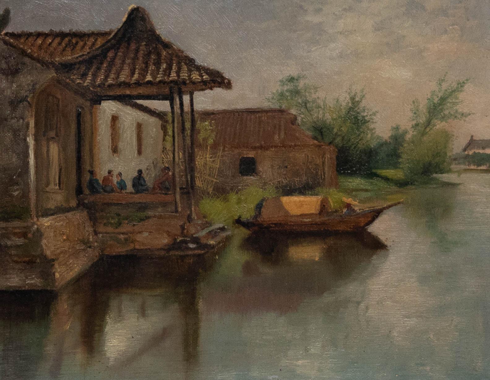 Olio incorniciato dell'inizio del XX secolo - La casa del tè - Painting di Unknown