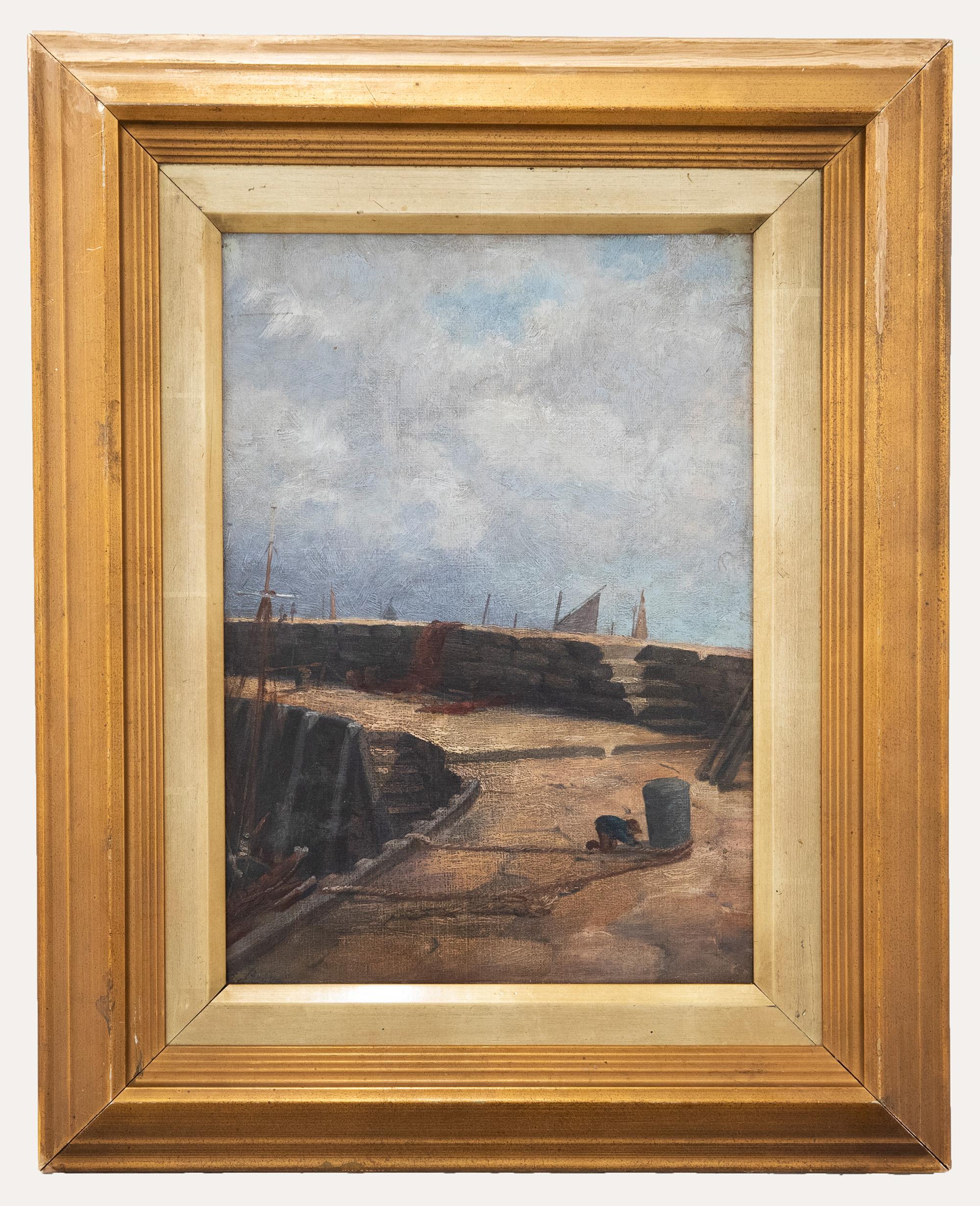 Unknown Figurative Painting - Framed Early 20th Century Oil - Tying up the Boat