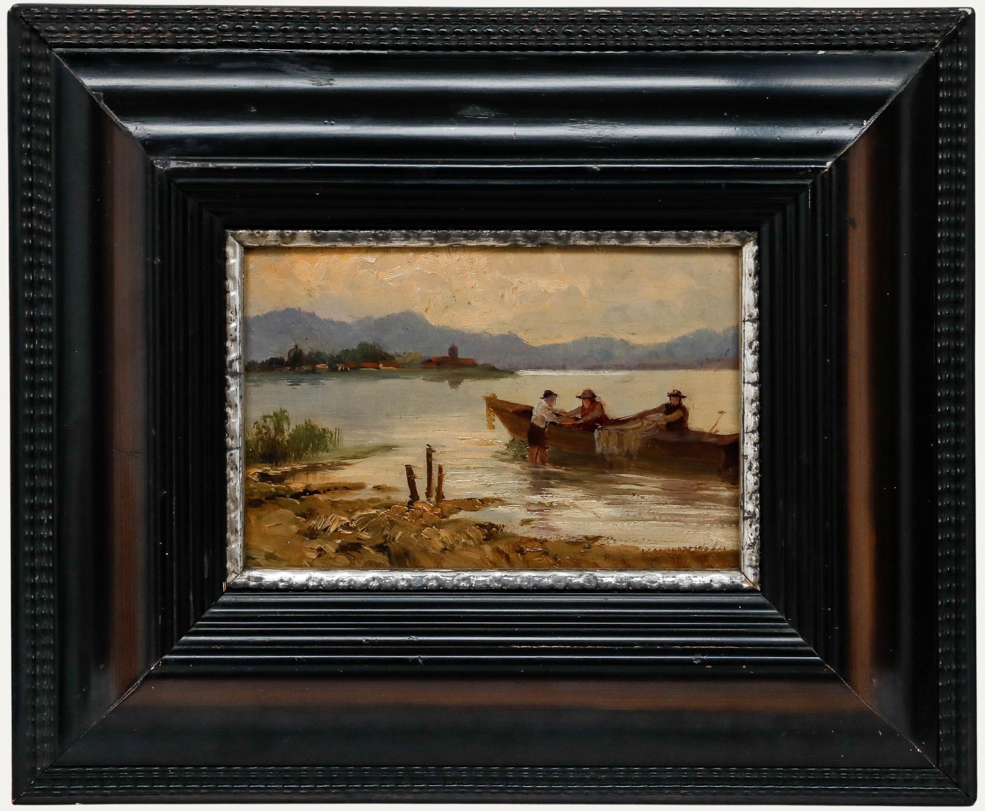 Framed Early 20th Century Oil - Unloading the Boat