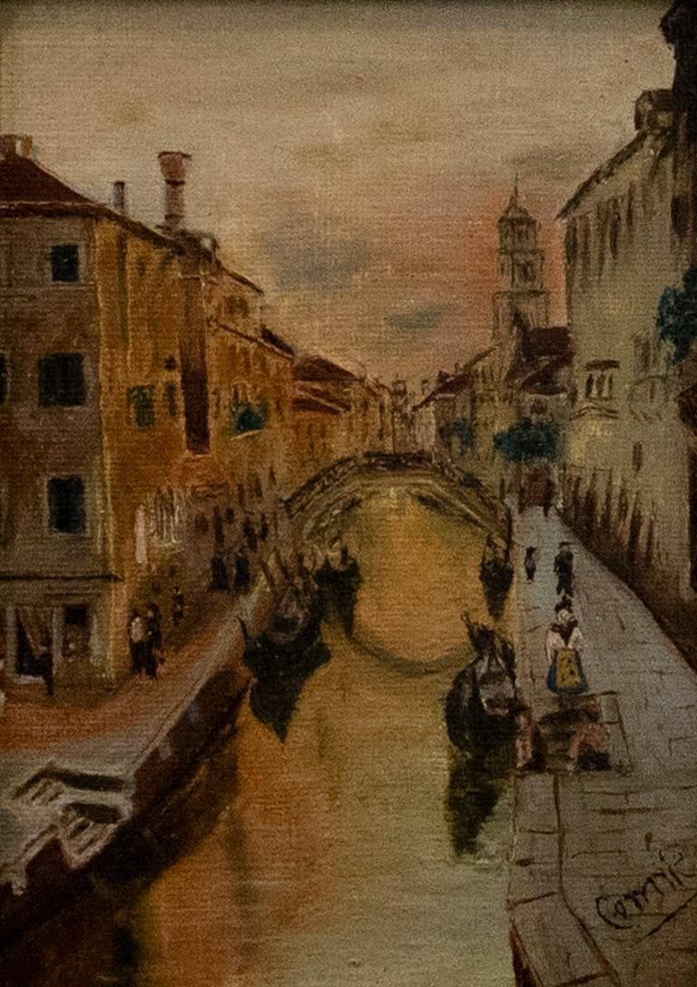 Framed Early 20th Century Oil - Venice at Sunset - Painting by Unknown
