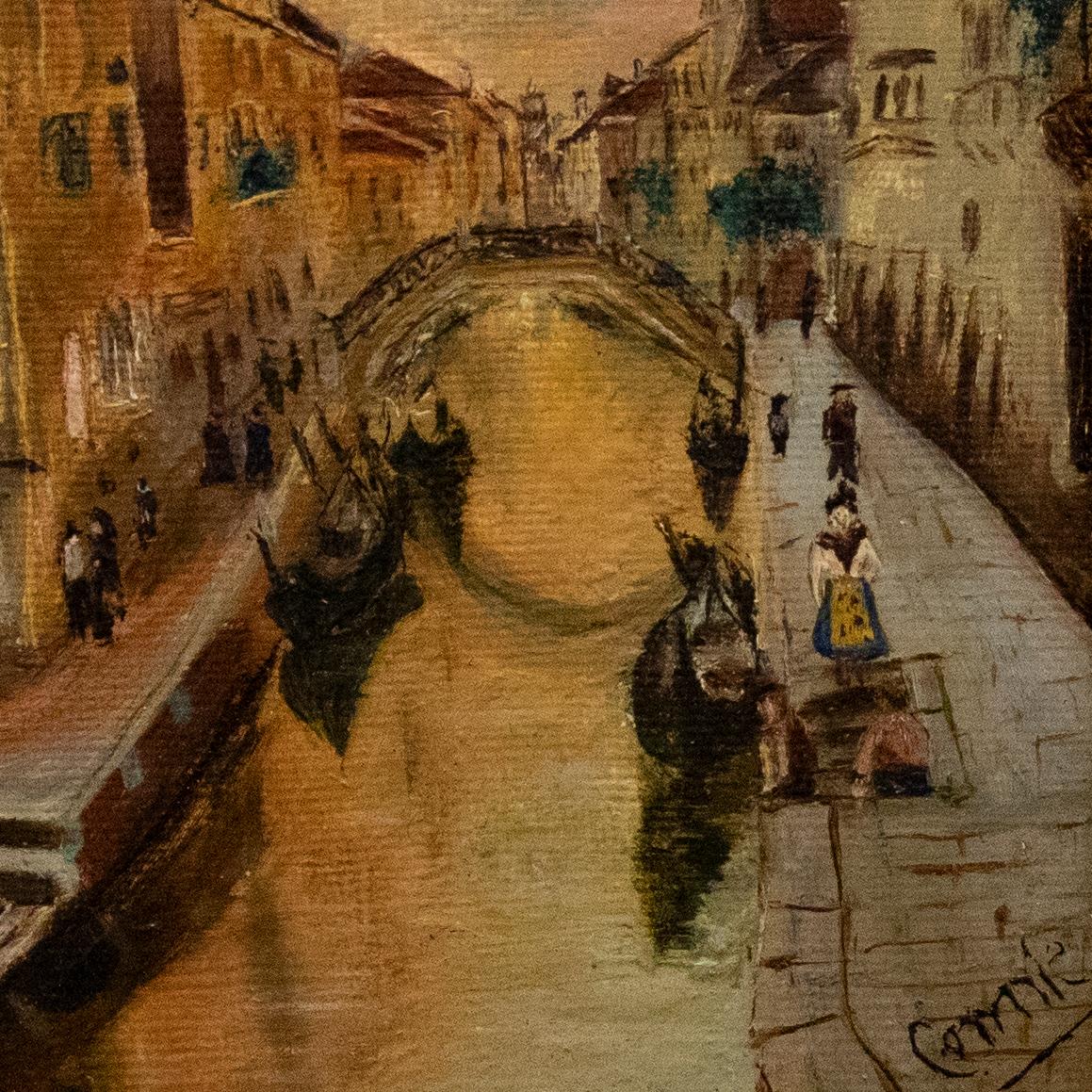 A delightful Venetian scene at sunset with figures walking the canal way. Well-presented in a miniature gilt-effect frame with internal slip. Indistinctly signed. On canvas laid to board.