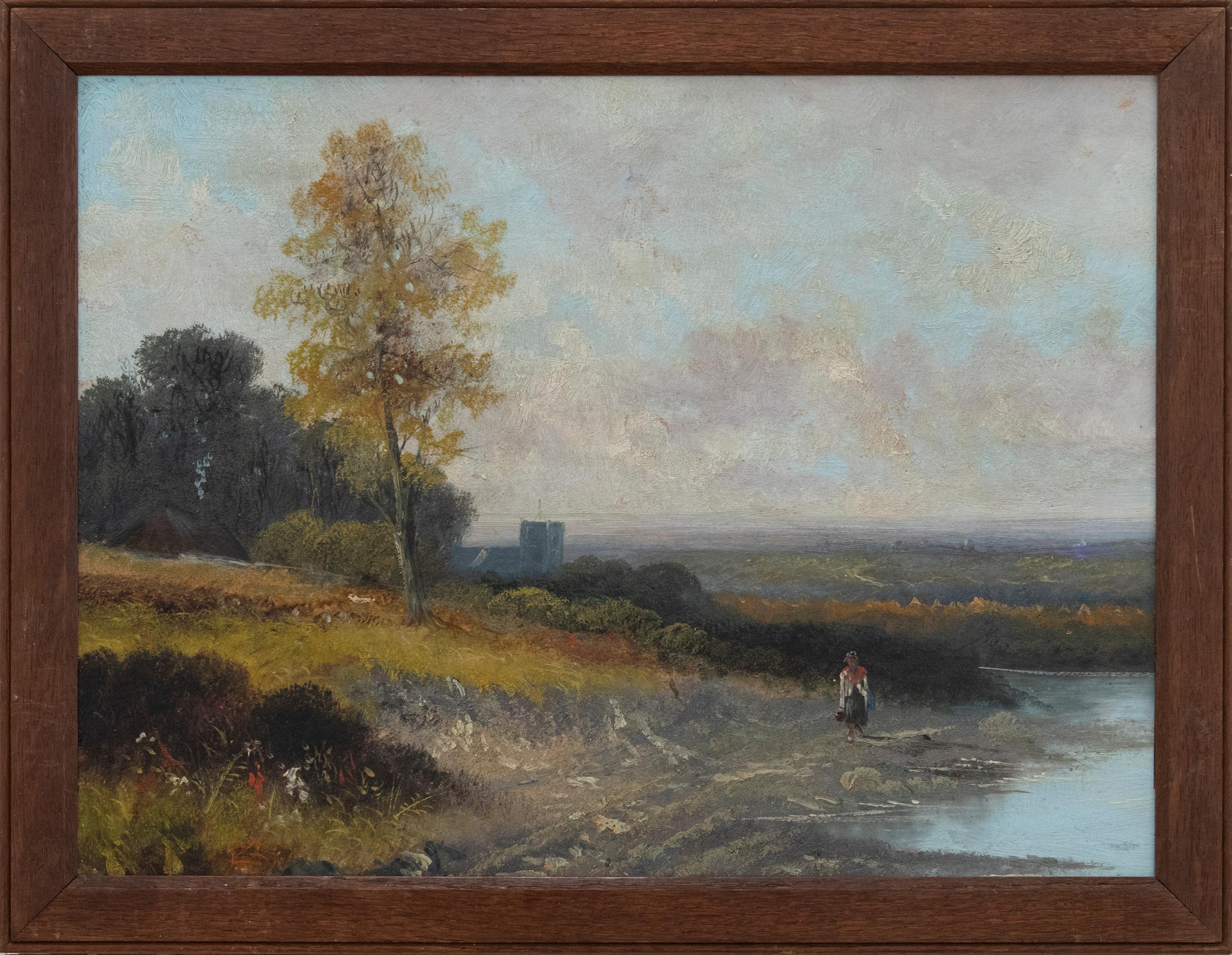 This idyllic, early 20th century oil depicts a female figure walking by a waterway, with church tower and smoking cottage in the background. Well-presented in a hardwood frame. Unsigned. On board. 