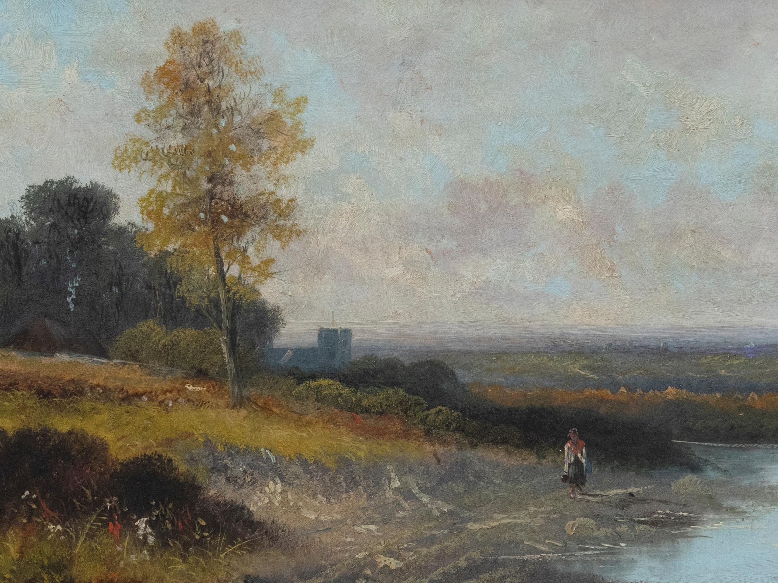 Framed Early 20th Century Oil - Walking by the River For Sale 1