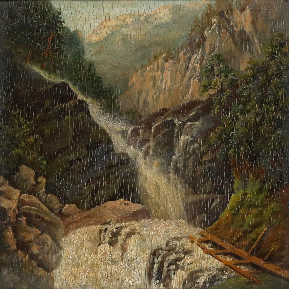 Gerahmtes Öl aus dem frühen 20. Jahrhundert - Wasserfall in den Bergen – Painting von Unknown