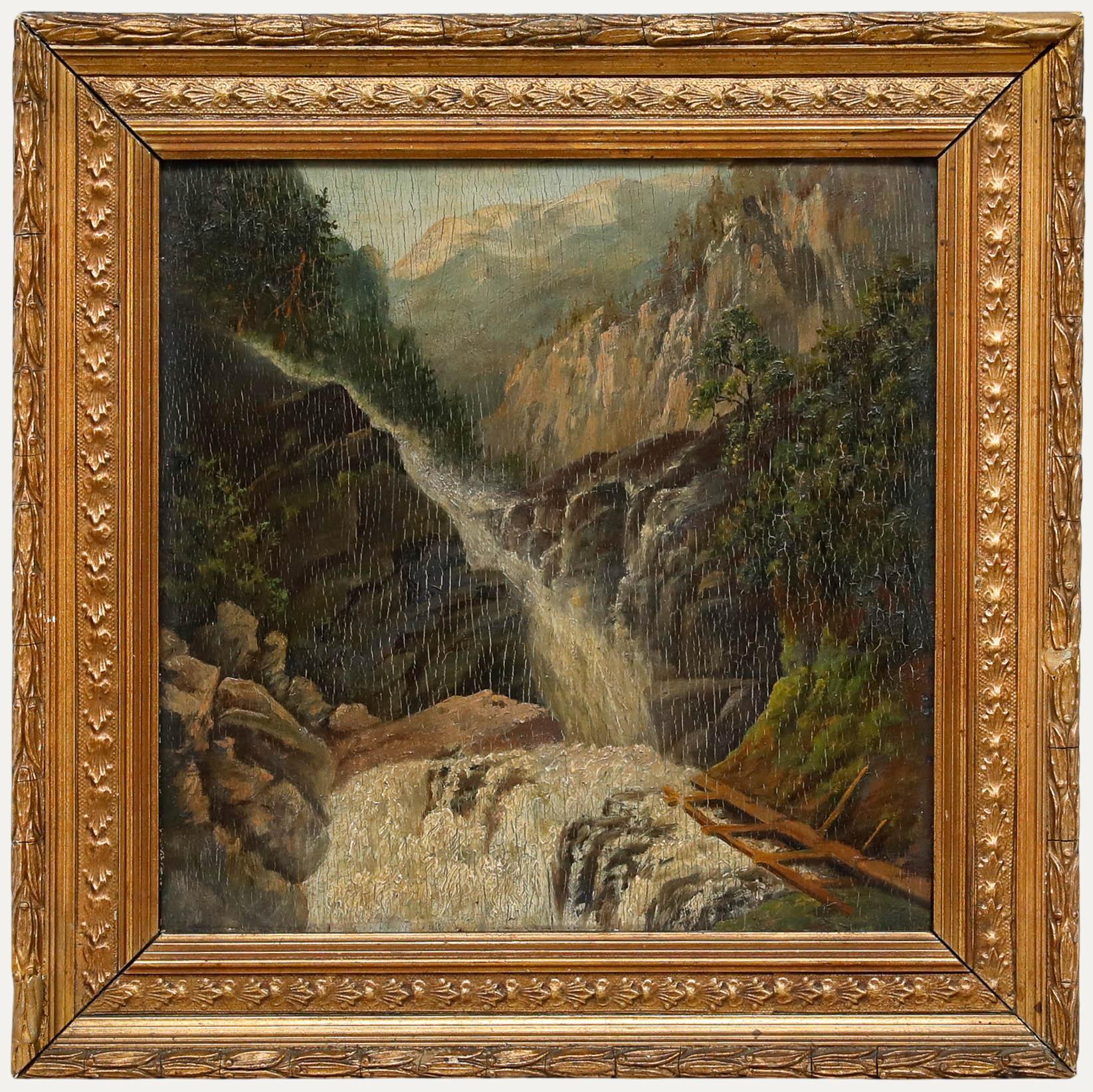 Gerahmtes Öl aus dem frühen 20. Jahrhundert - Wasserfall in den Bergen