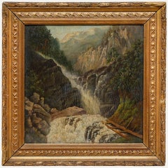 Huile encadrée du début du 20e siècle - Chute d'eau dans les montagnes