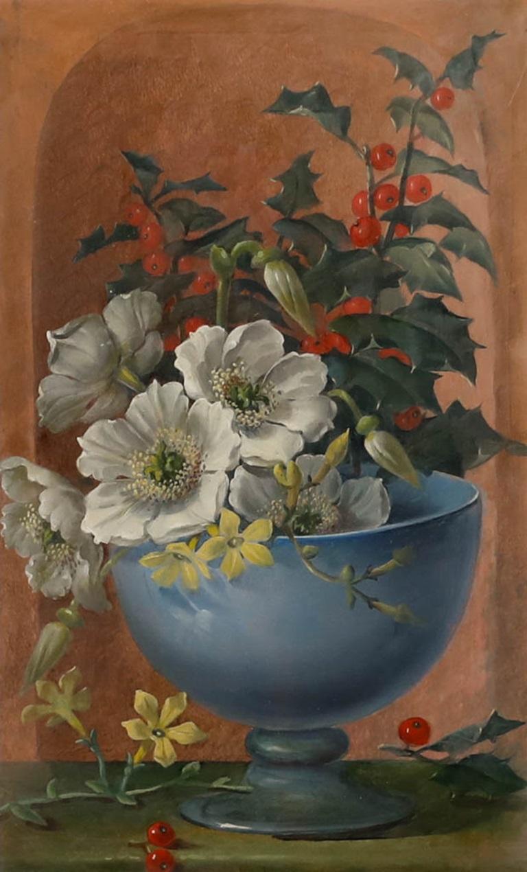 Huile du début du 20e siècle - Fleurs blanches avec saint - Painting de Unknown