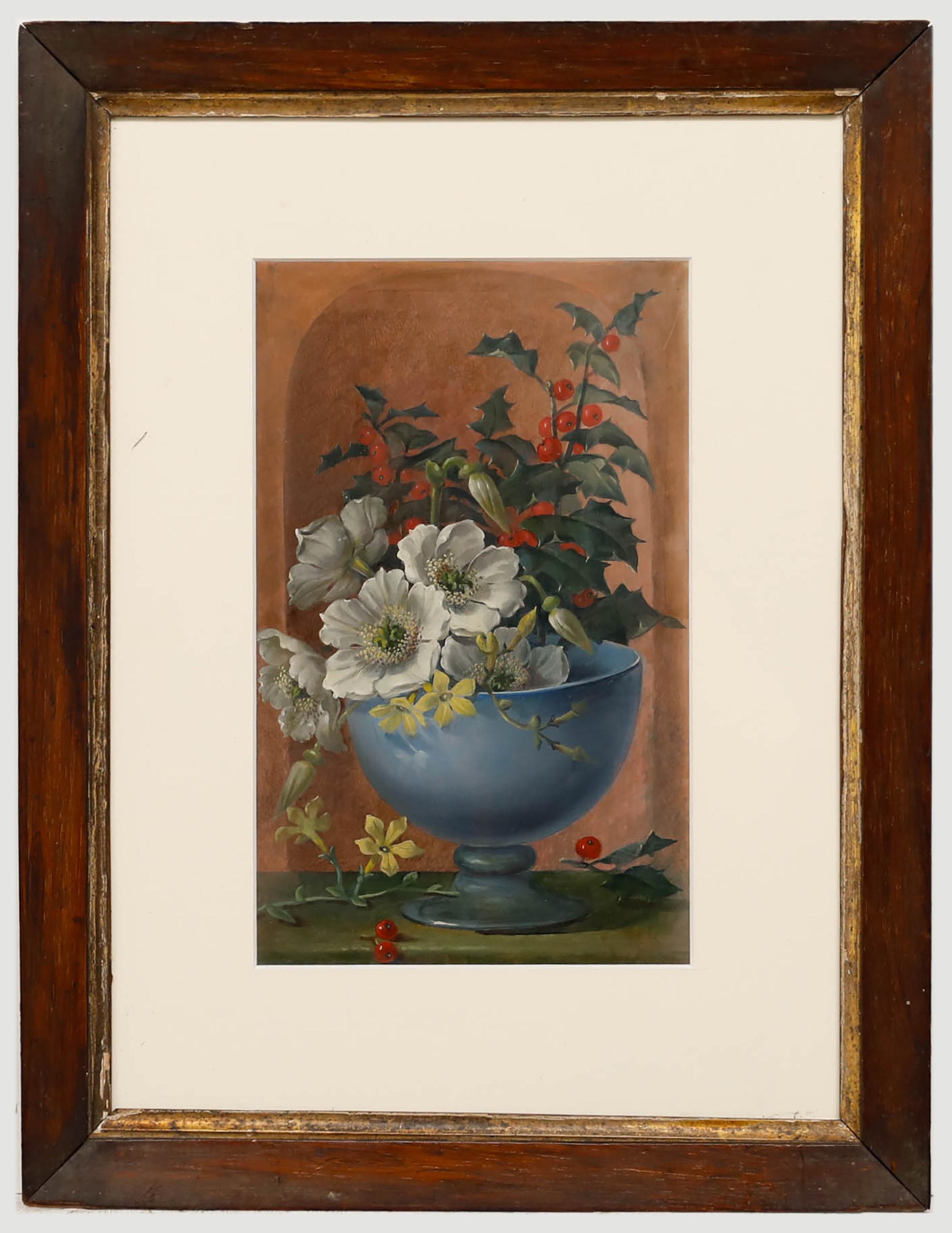 Huile du début du 20e siècle - Fleurs blanches avec saint