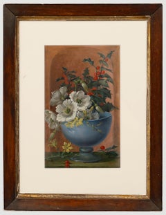 Huile du début du 20e siècle - Fleurs blanches avec saint