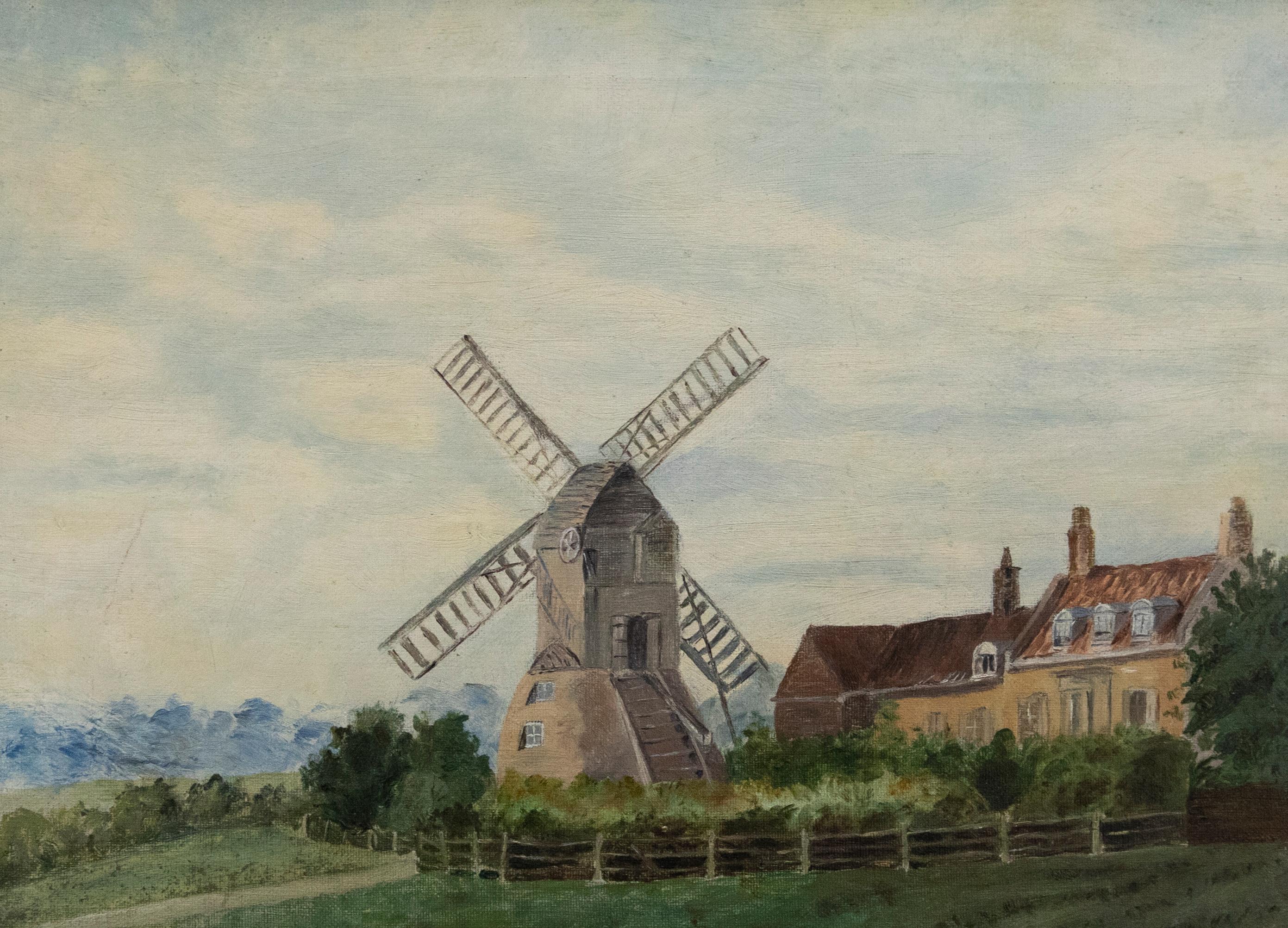 Framed Early 20th Century Oil - Windmill on the Estate - Painting by Unknown
