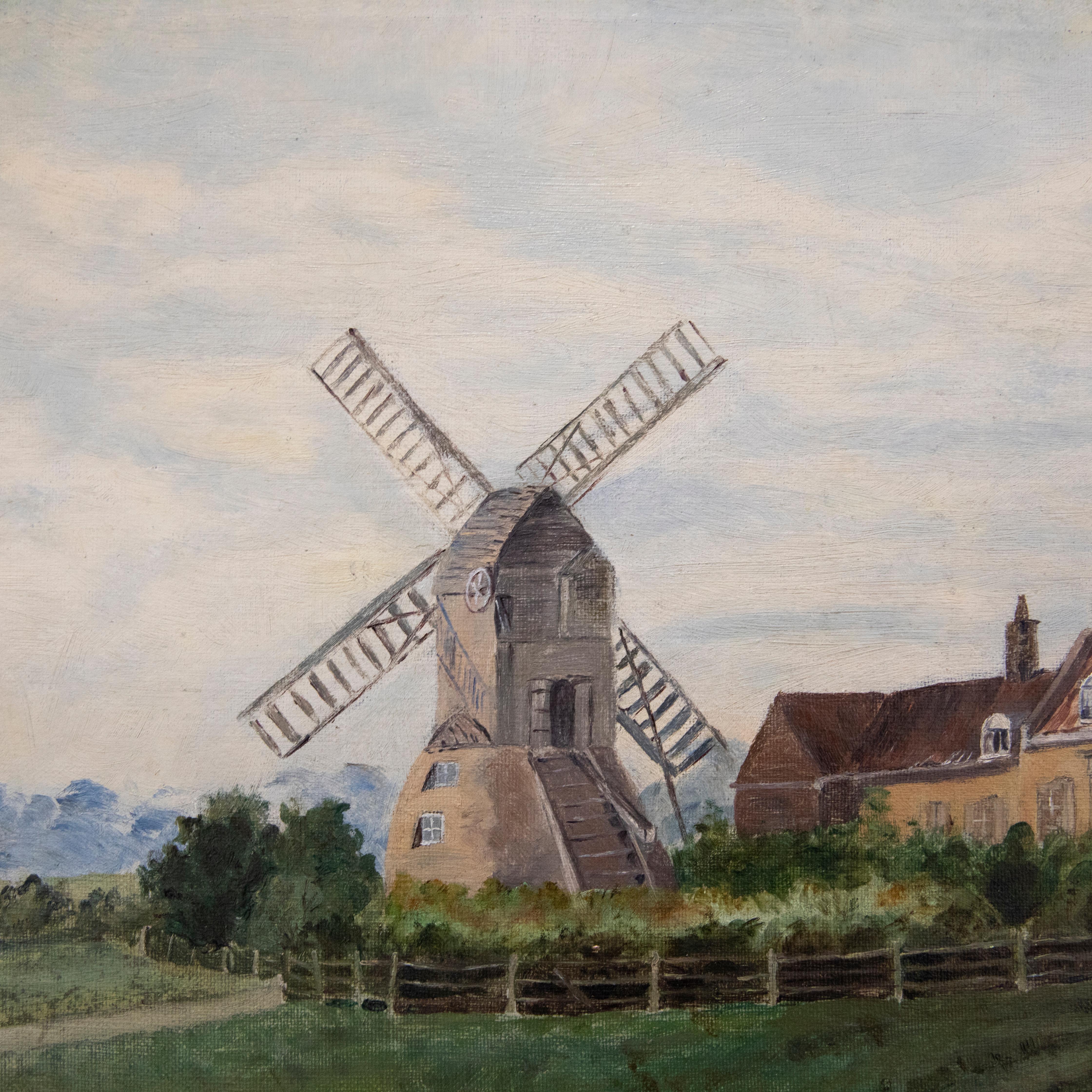 Framed Early 20th Century Oil - Windmill on the Estate For Sale 1