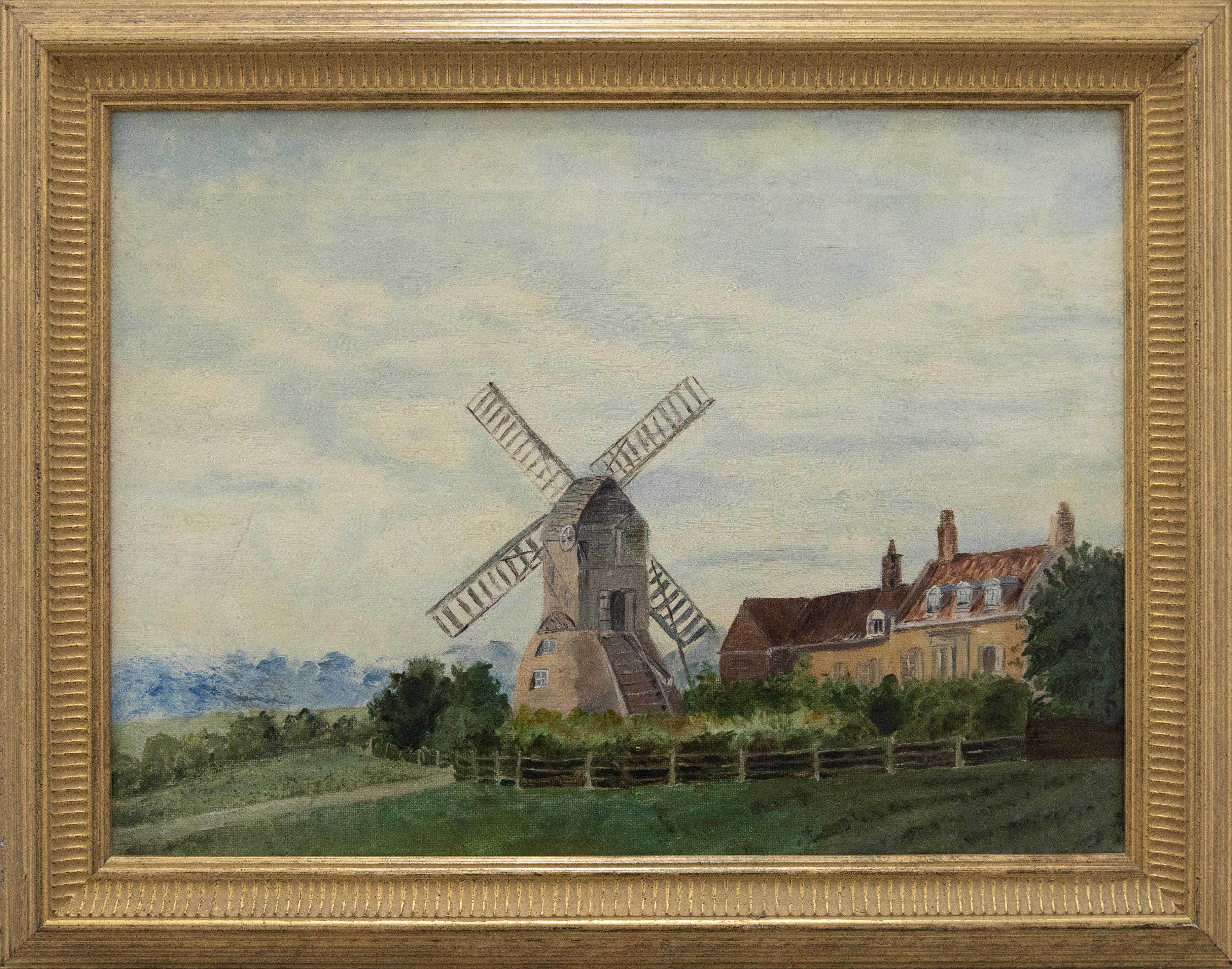 Unknown Landscape Painting - Framed Early 20th Century Oil - Windmill on the Estate