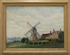 Gerahmtes Ölgemälde des frühen 20. Jahrhunderts – Windmühle auf dem Nachlass