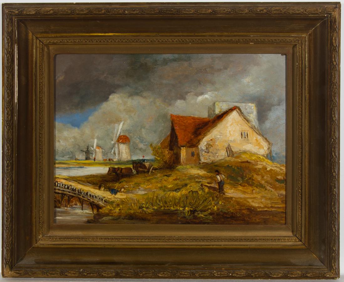 Unknown Landscape Painting - Framed Early 20th Century Oil - Windmills, Coastal Landscape