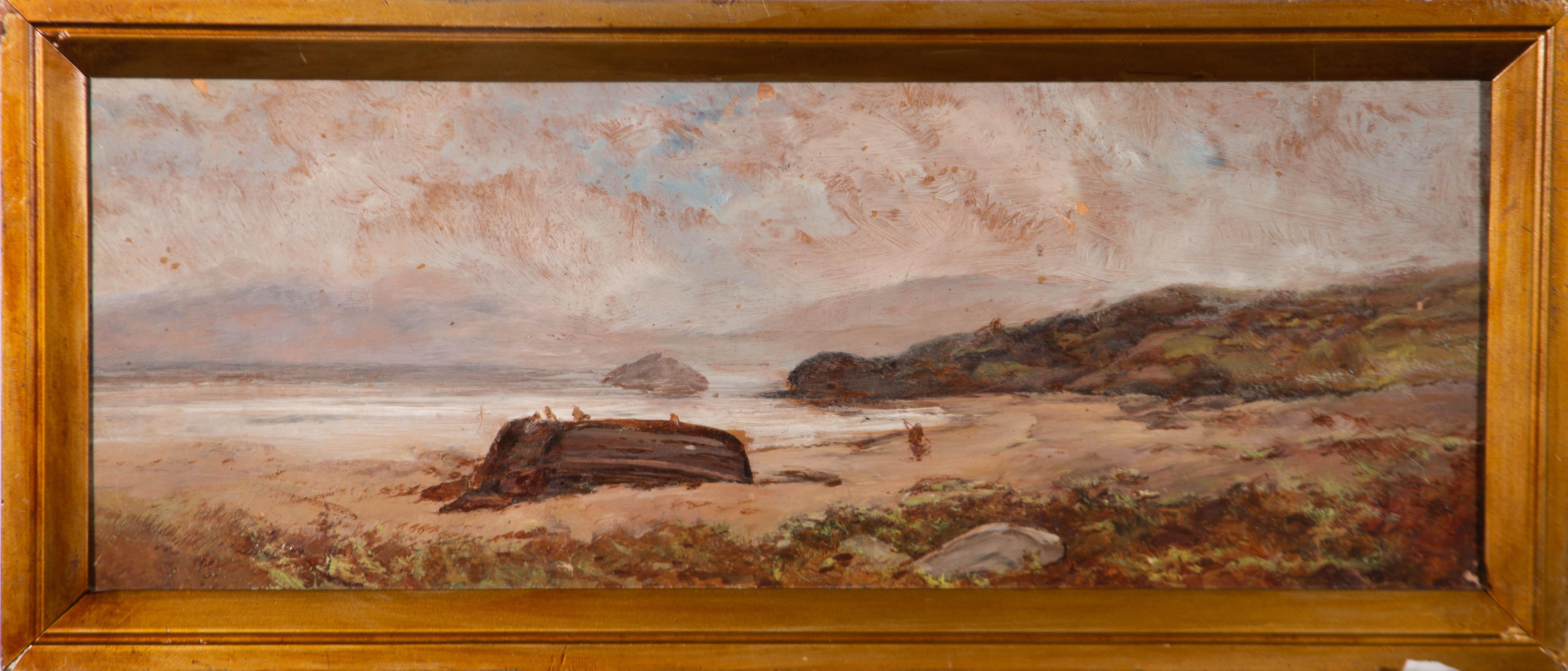 Unknown Figurative Painting - Framed Early 20th Century Oil - Windy Beach Scene