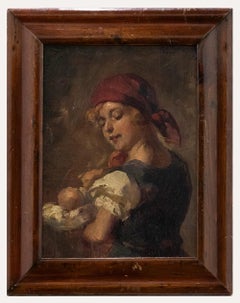 Vintage Framed Early 20th Century Oil - Young Mother & Child