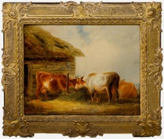 Framed English 19th Century Oil - Cows by the Byre