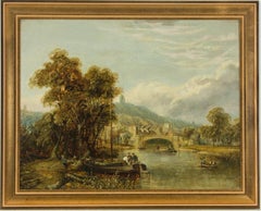 Antique Framed English School 19th Century Oil - Boats in a River Landscape