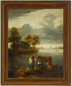 Framed English School 19th Century Oil - Landscape with Milkmaid and her Cattle