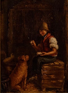 Framed English School 19th Century Oil - Boy and his Dog