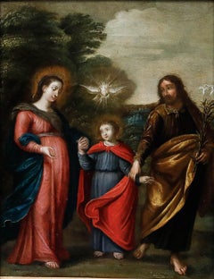 Olio di scuola europea del XVIII secolo con cornice - La Sacra Famiglia