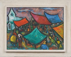 Framed Fauvist Town Art Fair American Modernist Framed Original Oil Painting