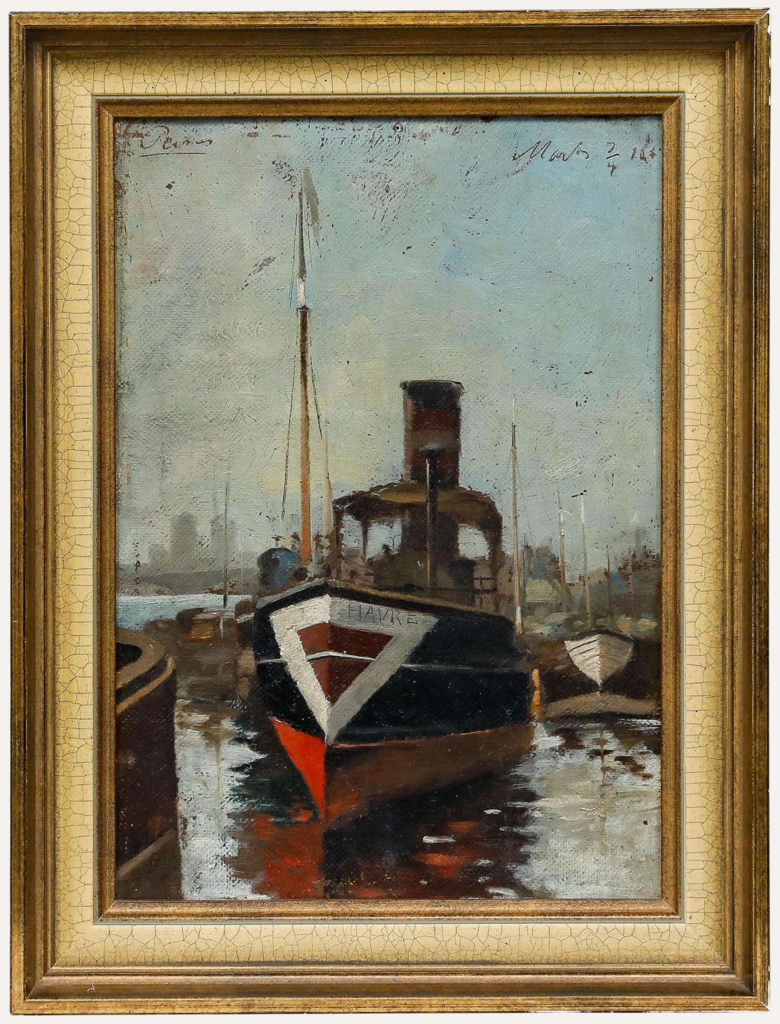 Unknown Figurative Painting - Framed French School Late 19th Century Oil - Steamboat 'Havre'