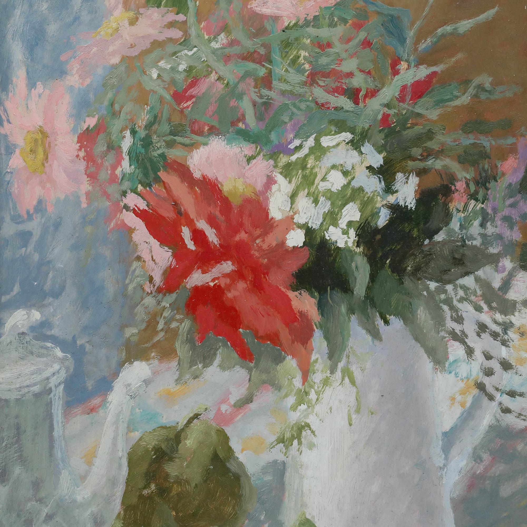 Huile encadrée de l'école française du milieu du 20e siècle - Nature morte aux fleurs et figues en vente 1