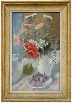 Framed French School Mid 20th Century Oil - Still Life of Flowers & Figs