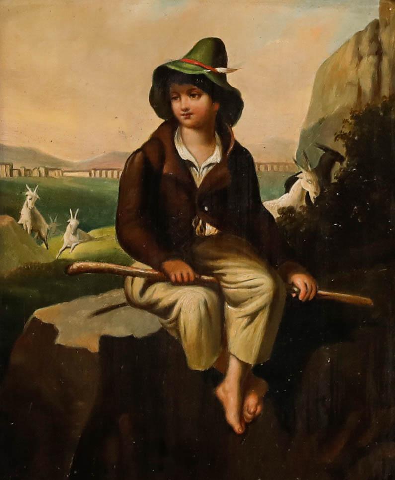 Huile de l'école allemande du 19e siècle encadrée - L'herbeur de chèvre - Painting de Unknown