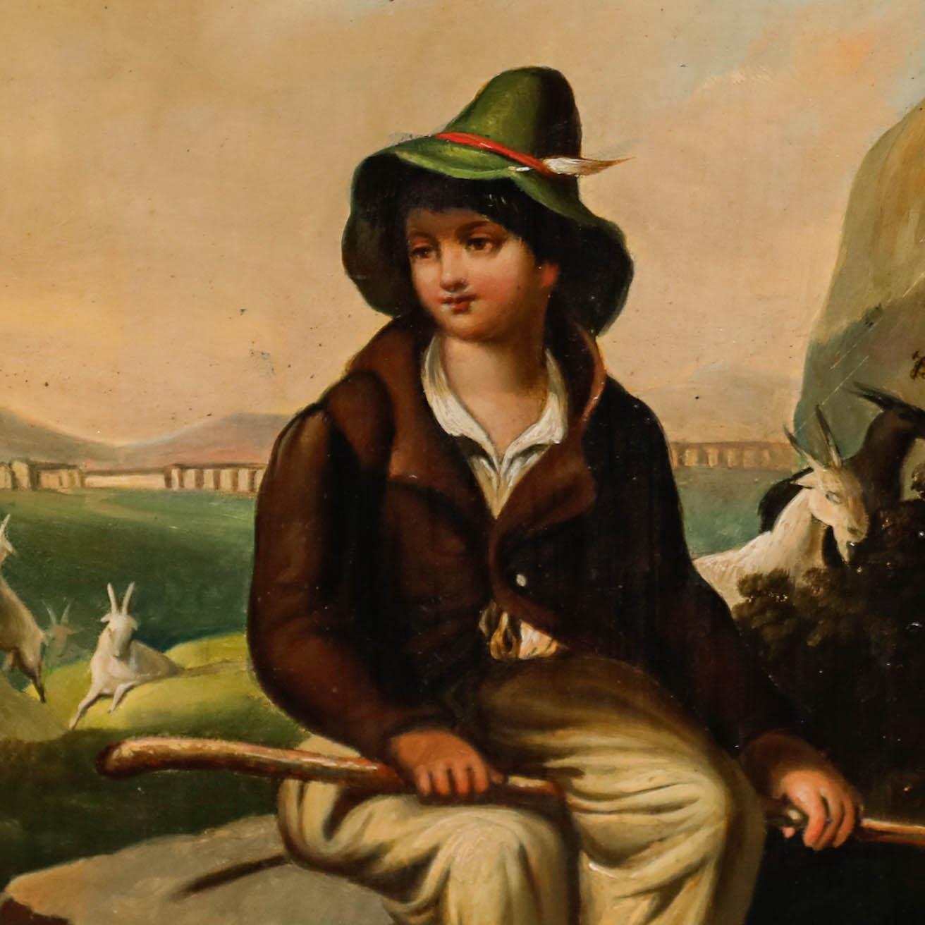 Huile de l'école allemande du 19e siècle encadrée - L'herbeur de chèvre 1