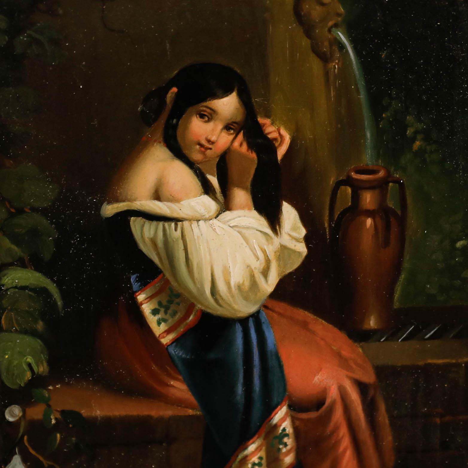 Un affascinante ritratto a olio di una giovane donna che si intreccia i capelli mentre raccoglie l'acqua da una fontana vicina. Ben presentato in una cornice dorata con binari spazzati, modanature ad acanto ornate e slittamento interno. Senza segno.
