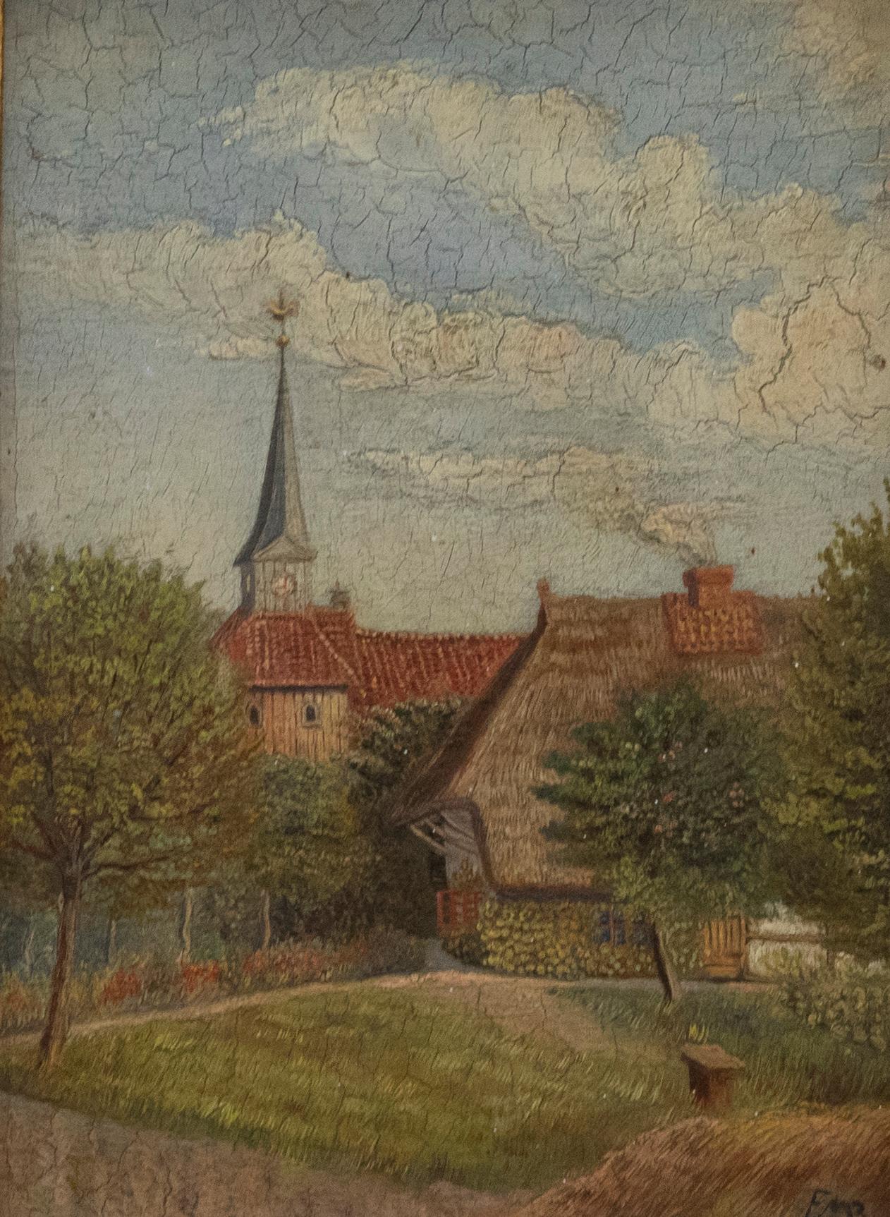 Framed German School Late 19th Century Oil - Church View - Painting by Unknown