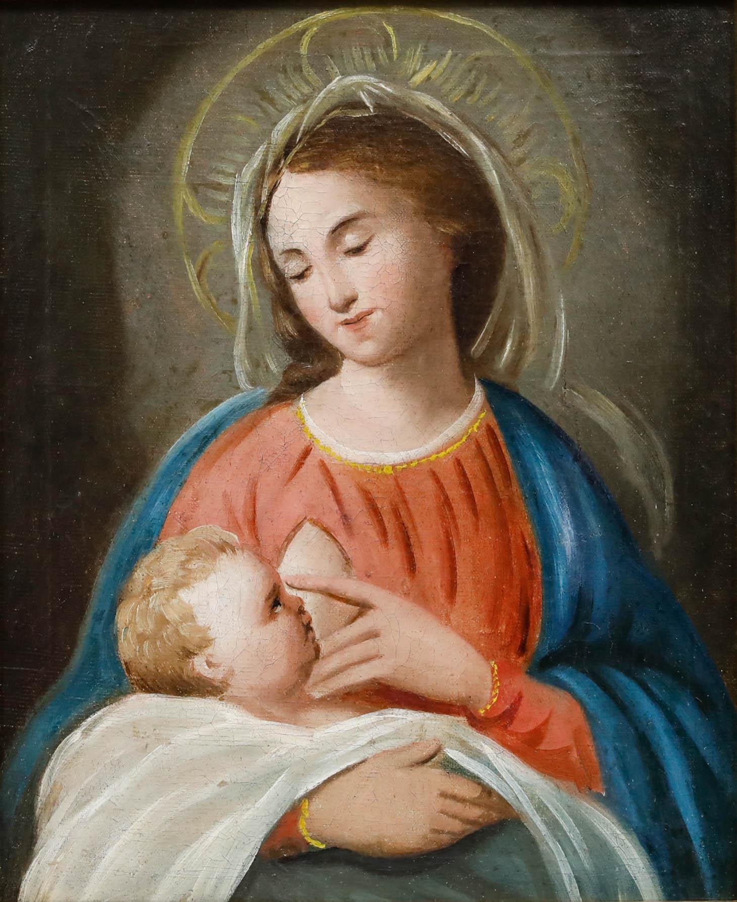 Framed German School Late 19th Century Oil - Madonna & Infant Jesus - Painting by Unknown