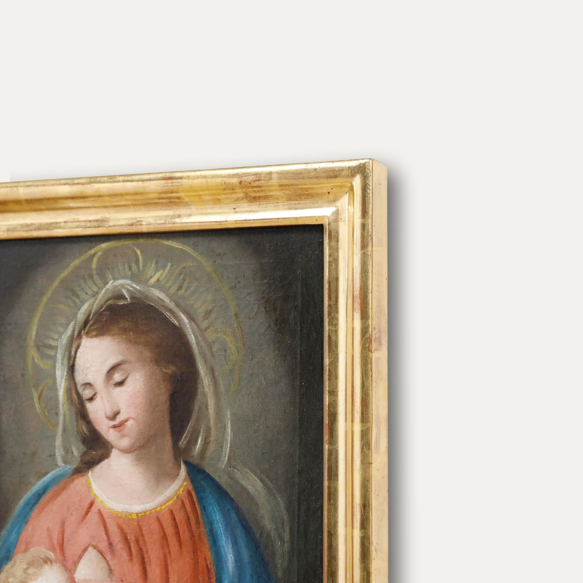 A fine 19th-century study of the Madonna and Child, painted in a slightly naïve yet deeply expressive manner characteristic of the German School of the period. The artist’s brushwork is delicate and intentional, lending a gentle softness to the