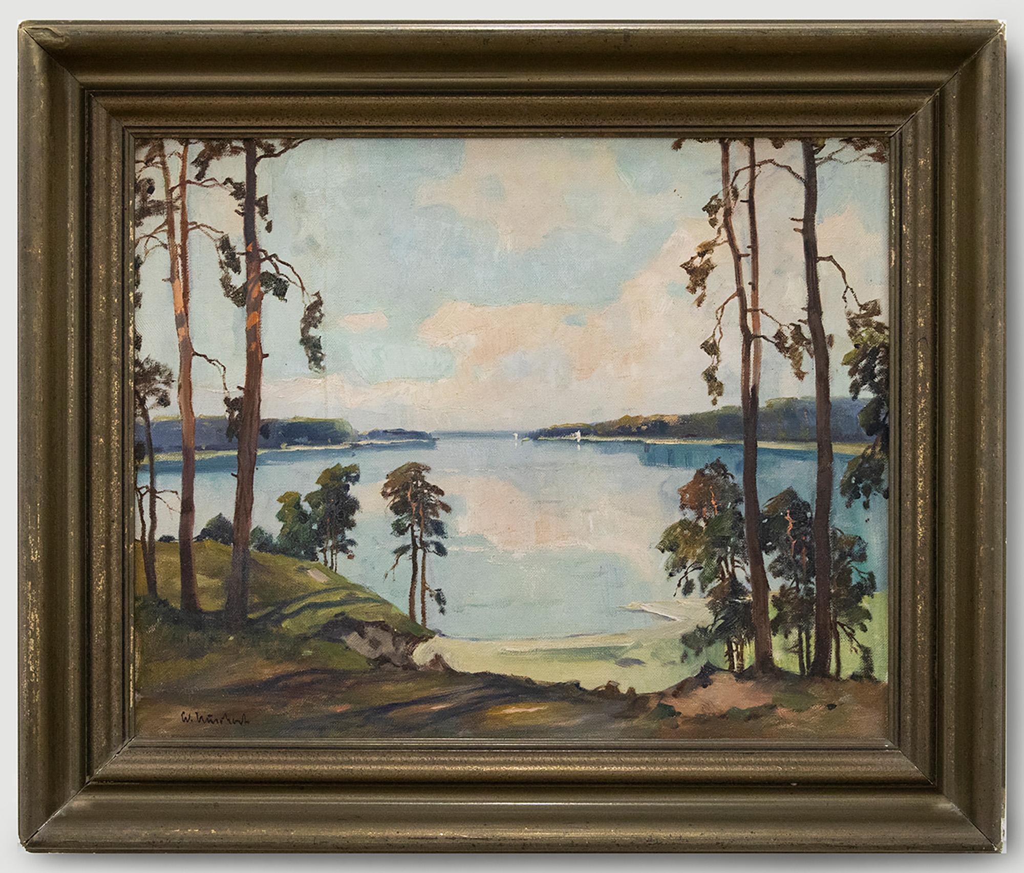 A charming depiction of a lakeside landscape, framed by tall pine trees on either side. The artist has painted the scene in a simplistic, impressionistic style with loose brushwork. Well-presented in a tarnished gilt-effect frame. Illegibly signed.