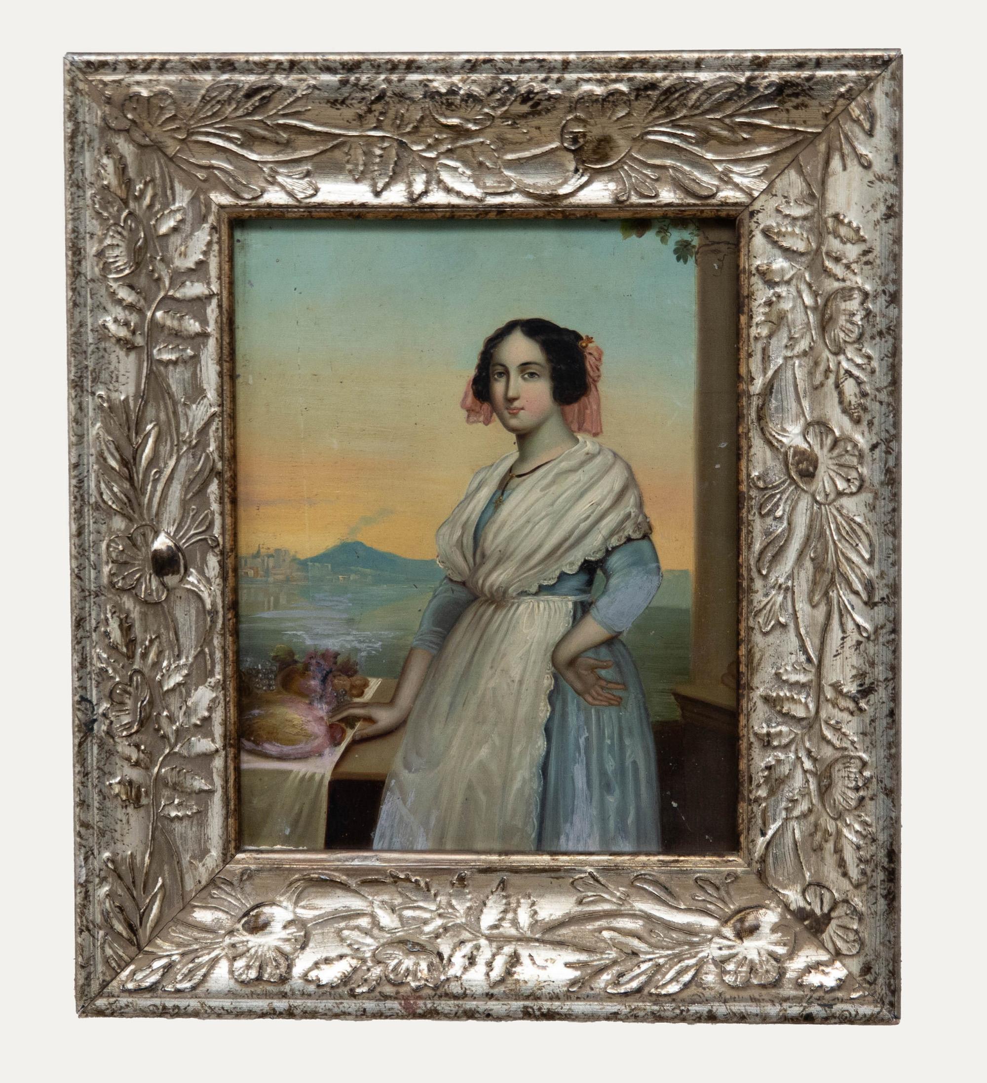 Unknown Portrait Painting - Framed Grand Tour 19th Century Oil - Portrait of an Italian Serving Girl