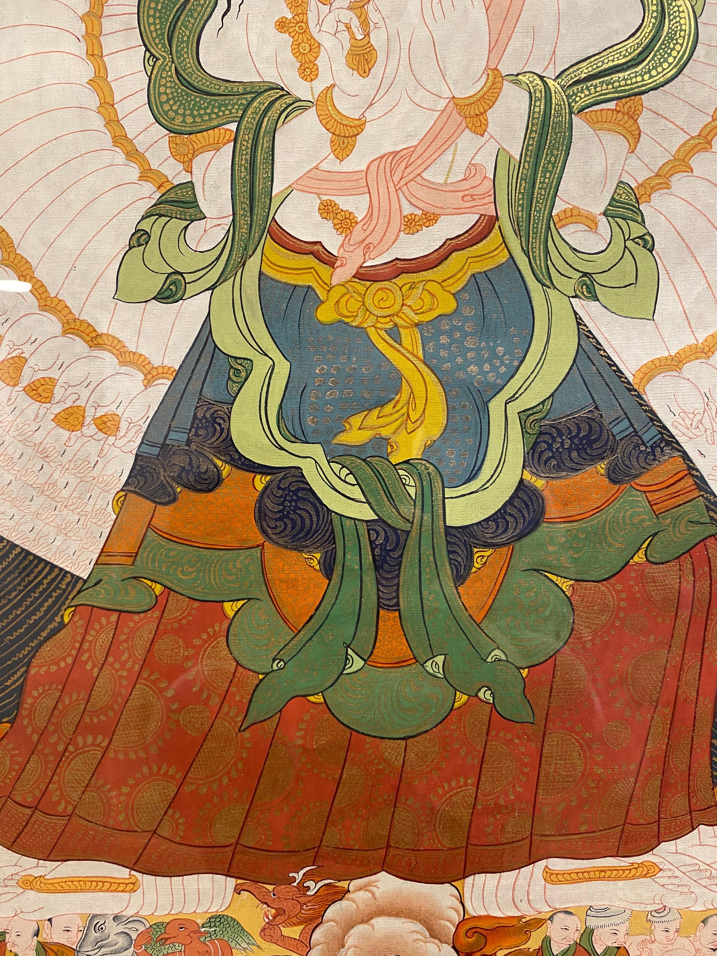 Framed Hand Painted Avalokiteshvara Thangka on Canvas 24K Gold  For Sale 11