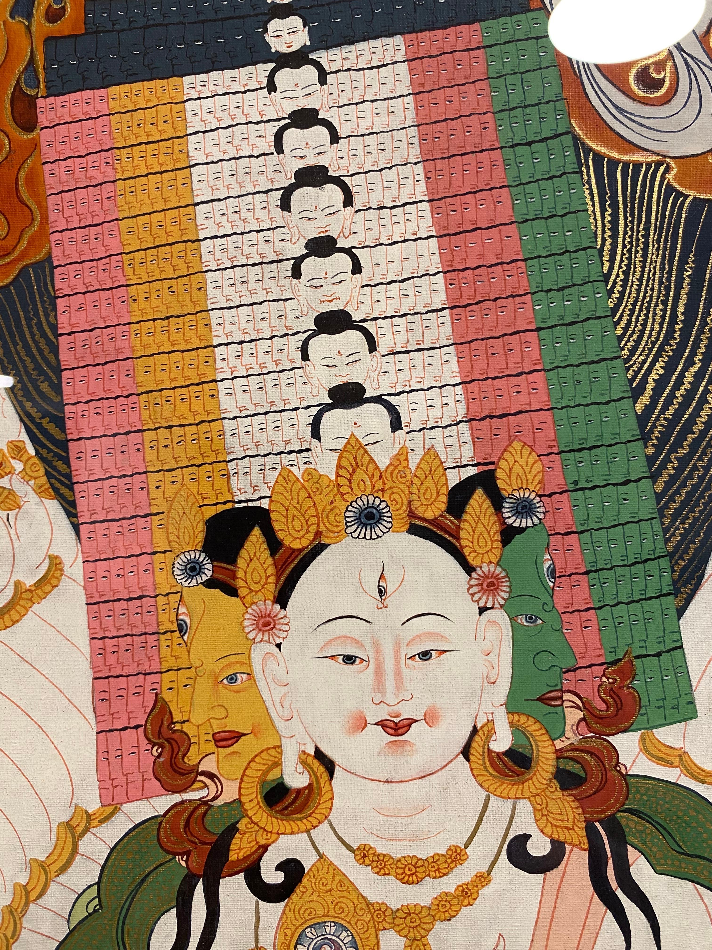 Framed Hand Painted Avalokiteshvara Thangka on Canvas 24K Gold  For Sale 12
