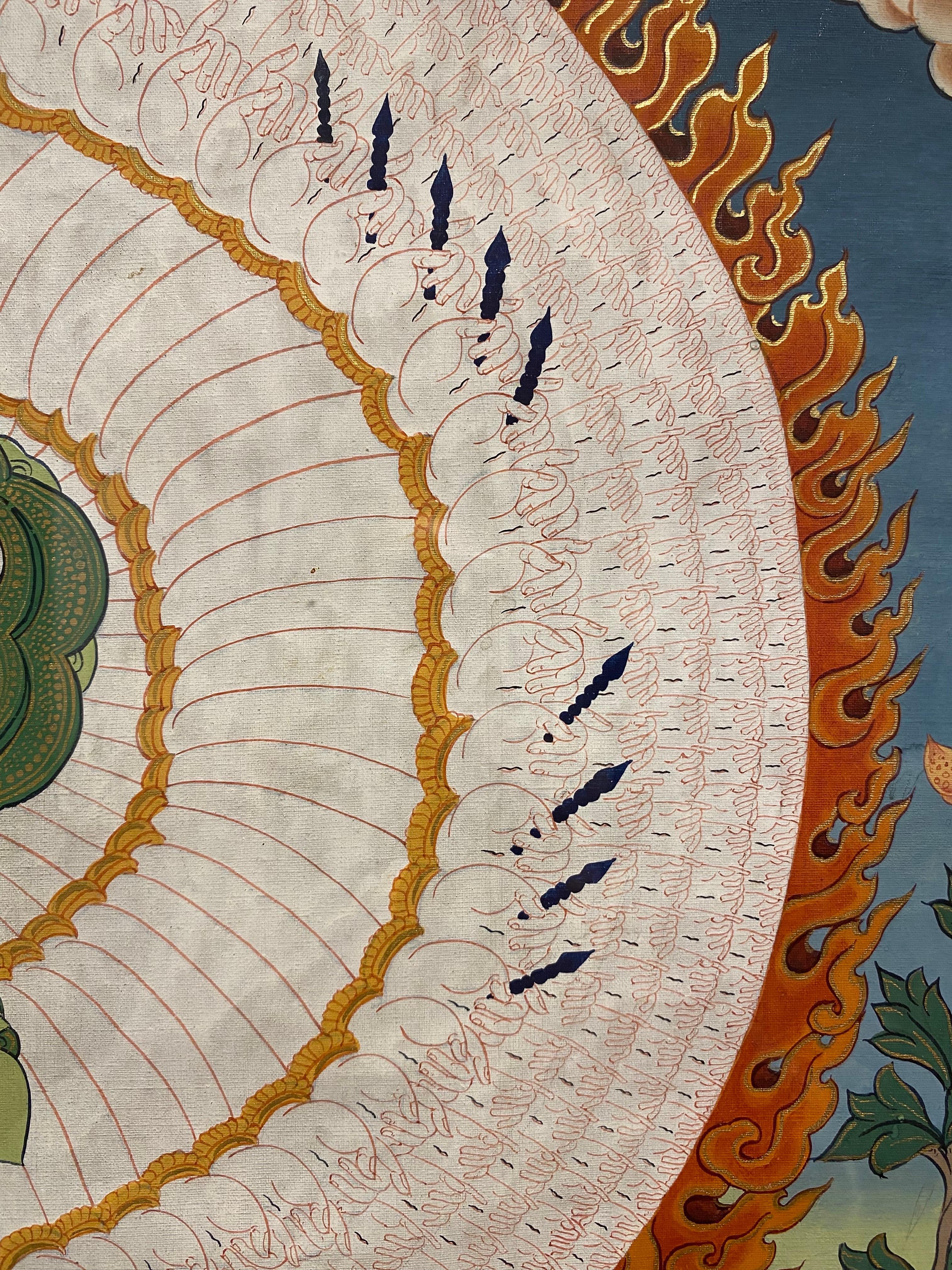 Framed Hand Painted Avalokiteshvara Thangka on Canvas 24K Gold  For Sale 13